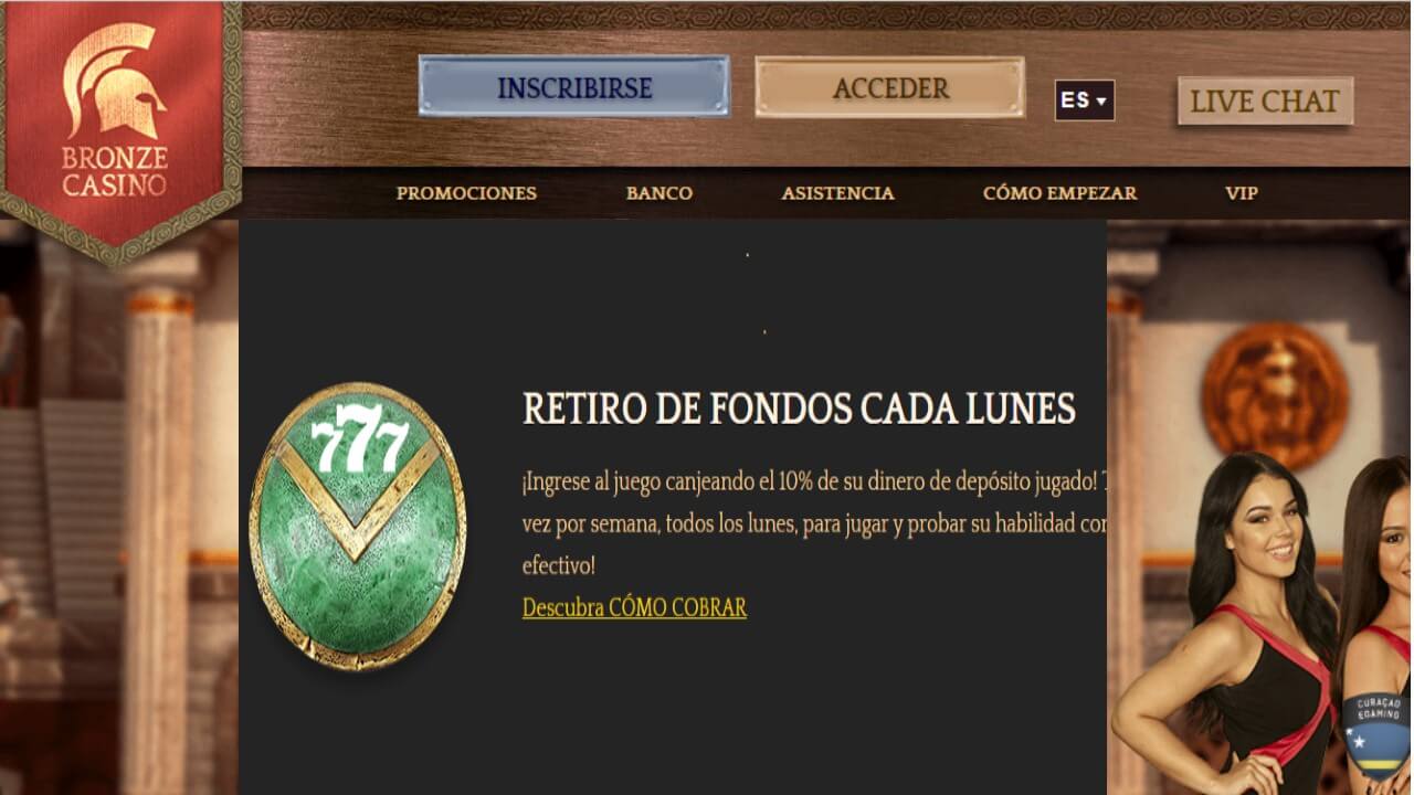 Bronze Casino reembolsos por retiros los lunes hasta 10%