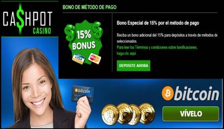 Por método de ingreso el casino Cashpot otorga hasta 15% promocional