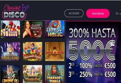 Obtenga hasta 300% promocionales y 500 euros en Casino Disco